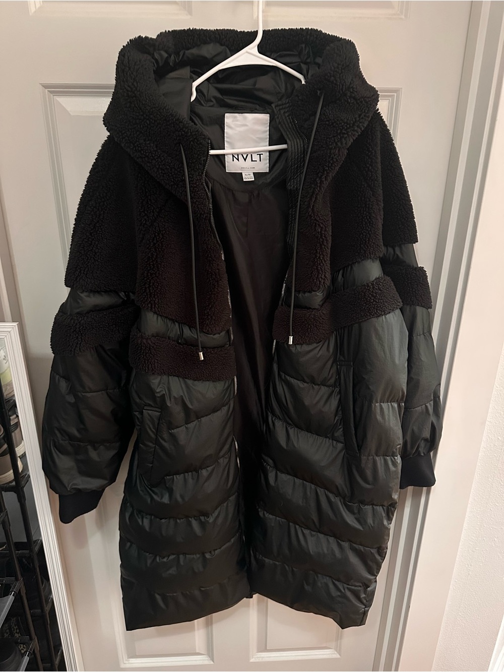NVLT Black Hooded Mixed-Media Puffer Coat
